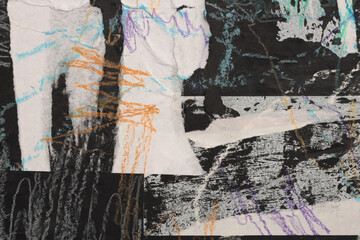 Torn, ripped paper pieces collage. Art Acrylic brushstroke smear blot painting wall. Abstract texture background.
