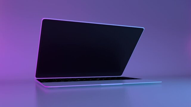 Mockup Shot of a Laptop with blank green screen. Blue and purple colorful neon background