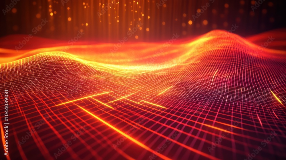 Poster abstract digital landscape with glowing lines and waves in warm colors.