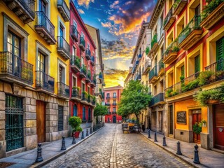 Obraz premium Old Street in Madrid, Spain - Charming Architecture and Vibrant Atmosphere