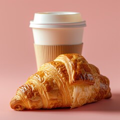 Coffee paper cup with croissant on pink background.