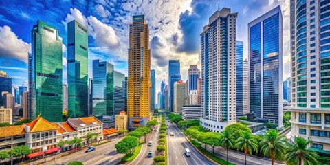 Fototapeta premium On a hot, cloudy day in 2022, Singapore's skyscrapers tower over empty streets, echoing the stillness brought by the Covid-19 pandemic lingering on.
