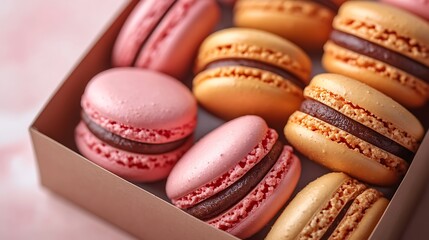 Obraz premium A box of assorted macarons with chocolate filling.