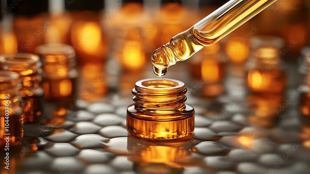 Poster dropper dispensing amber liquid into glass bottle, surrounded by similar bottles and a hexagonal pat