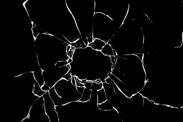 bullet hole on glass black background for overlay, transparent window