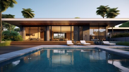 Fototapeta premium A modern house with sleek lines and an inviting pool is artfully framed by lush greenery, evoking a sense of tranquility and sophistication.