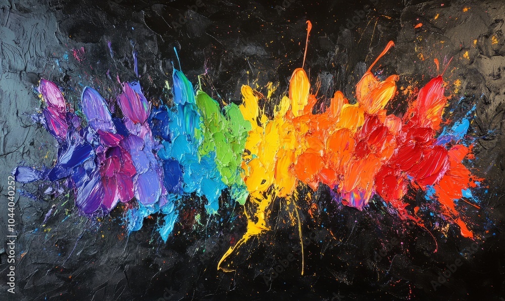 Poster colorful splatters of primary colors on black paper create a vivid contrast, showcasing a unique art