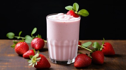 A creamy strawberry milkshake, topped with whipped cream and a ripe strawberry, sits invitingly amidst scattered strawberries against a dark background.