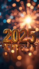 Golden 2025 Numeral Amidst Sparkling Glitter and Fireworks: Perfect for New Year's Eve Promotions...