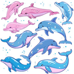 Vector Image set of cartoon dolphins, isolated on a white background, cartoon dolphin wallpaper