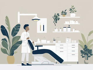 A dentist in a modern clinic prepares for a patient in a well-organized treatment area with plants and medical tools