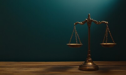 Concept for law firm business with copy space. Scales of justice on wooden table in dark blue background