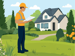 Construction worker reviewing plans for a residential project in a landscaped area on a sunny day