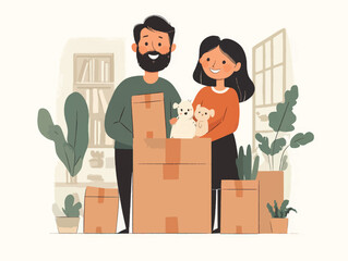 A couple unpacking boxes with pets in their cozy living room filled with plants and warm sunlight