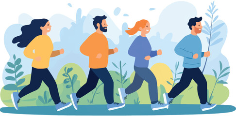 A diverse group of four individuals jogging together in a lush park during a sunny day