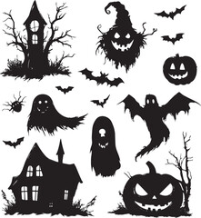 A collection of spooky Halloween silhouettes featuring ghosts, bats, pumpkins, and haunted houses decorated for the festive season
