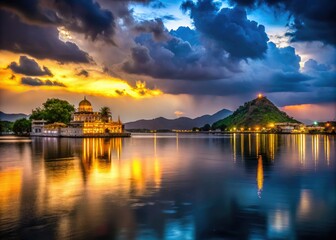 Fototapeta premium Panoramic Silhouette View of Fateh Sagar Lake on a Rainy Day in Udaipur Rajasthan - Scenic Tourist Attraction