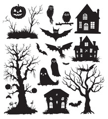 Halloween decorations featuring ghosts, bats, a haunted house, and spooky trees in a creepy graveyard setting