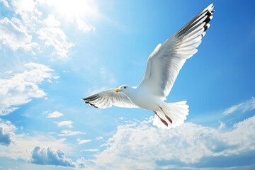Obraz premium A soaring seagull in the blue sky.