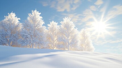 Obraz premium Enchanting Christmas Fantasy: Winter Sunset Over Snow-Covered Landscape with Golden Glow on Trees - Ultra-Detailed Digital Illustration