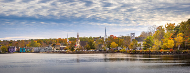 An iconic image of Nova Scotia, Mahone Bay with its three prominent churches (Anglican; Lutheran; and United), Nova Scotia, Canada