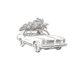 Vintage illustrations of retro car carries the Christmas tree and gifts. Happy New Year and Merry Christmas greeting card. Festive banner photo zone. Hand drawn vector art. 