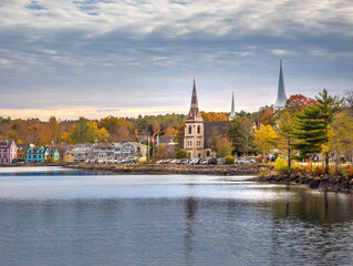 Fototapeta premium Thje skyline of beautiful Mahone Bay with the steeple of its three churches, Nova Scotia, Canada
