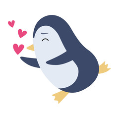 Cute penguin blowing kiss for children's print, baby room decoration or book. Vector character in flat hand drawn style