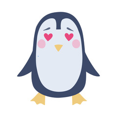 Cute penguin into big heart for children's print, baby room decoration or book. Vector character in flat hand drawn style