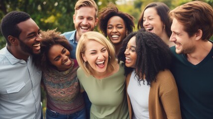 A joyful group of diverse friends laughs together outdoors, capturing a moment of camaraderie and shared happiness.
