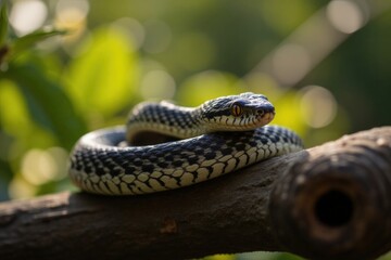 Obraz premium close-up curious snake in natural forest habitat. Chinese Year of the Snake concept. Wildlife conservation, natural habitat preservation