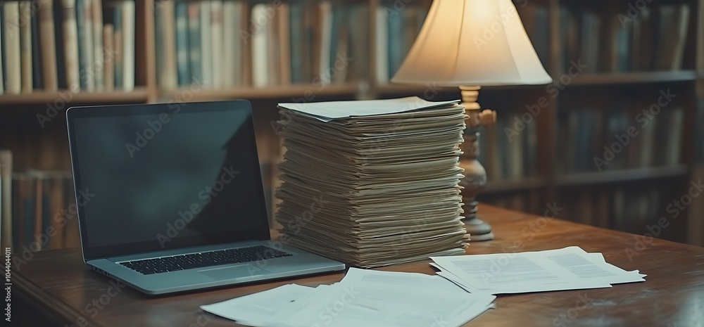 Aufkleber laptop, papers, and a lamp on a table with a bookshelf in the background.