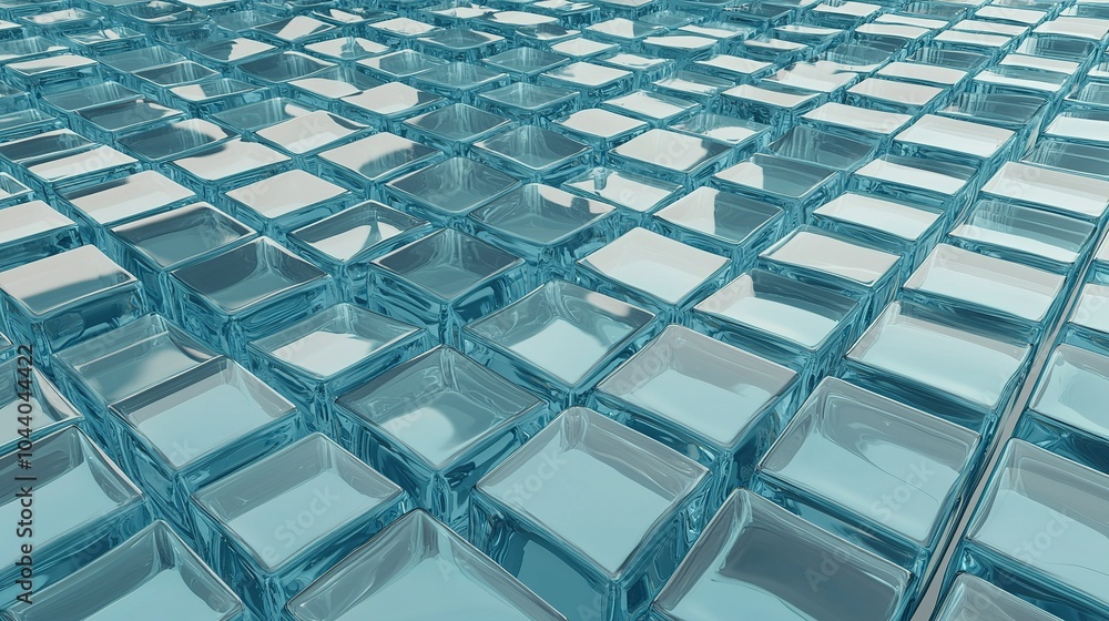 Poster a close-up view of textured blue glass blocks arranged in a grid pattern, reflecting light in a sere