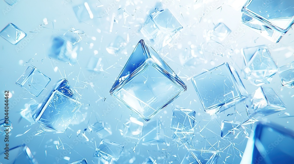Poster floating ice cubes create a mesmerizing display against a soft blue background, adding a refreshing 