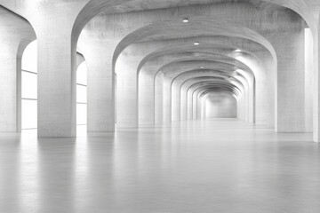 Obraz premium Long, empty, white hallway with a few windows