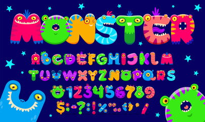 Cartoon monster font, bugaboo type, bogle typeface, scarecrow alphabet vector typography of funny Halloween aliens, fantasy animals, dragons. Cute monster characters in shape of letters and numbers