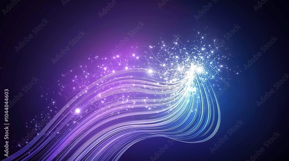 Poster abstract digital art featuring glowing lines and sparkling particles in vibrant colors against a dar