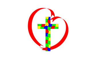 Obraz premium cross with puzzle symbol and the heart of cross for religion autistic valentine. vector illustration