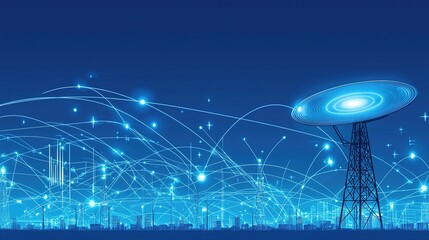 Data transmission technology with antennas and digital connections over a city skyline at night