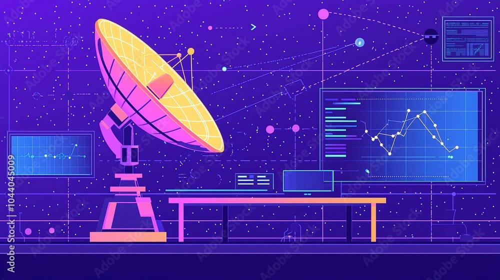 Poster a vibrant digital representation of a satellite dish with data charts and graphs in a modern workspa