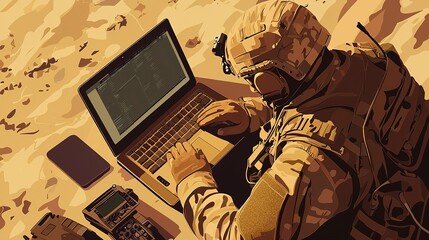 Soldier using a laptop in a desert setting during a military operation, focusing on data analysis and communication