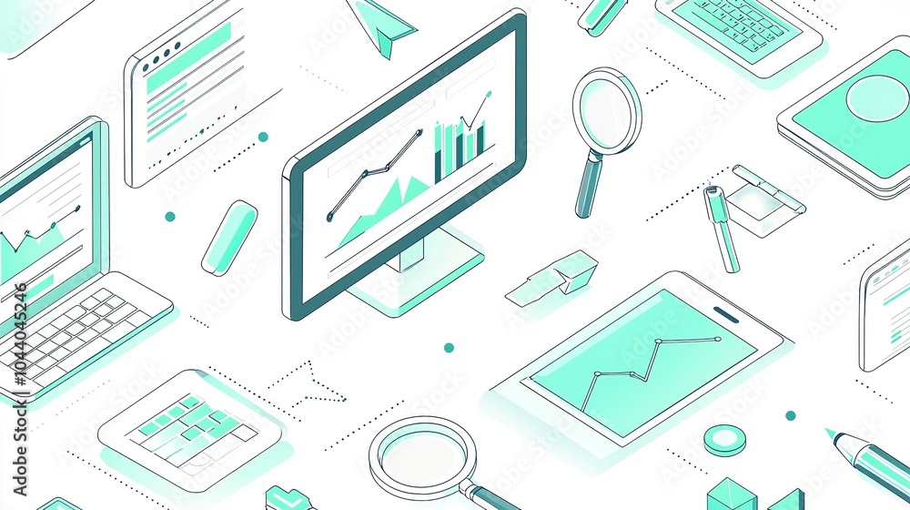Poster illustration of digital devices displaying analytics data and graphs in a modern workspace setting