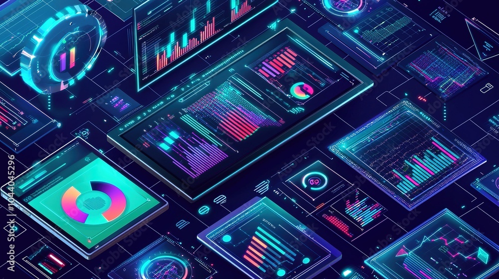 Poster visual representation of data analysis with colorful charts and graphs on digital screens showcasing