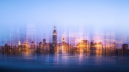 A vibrant dusk view of the New York City skyline with skyscrapers illuminated by city lights reflecting on the water