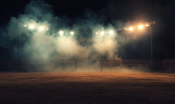 Desolate rodeo arena illuminated by bright lights and lingering smoke. Concept Rodeo Arena, Bright Lights, Smoke, Desolate Setting