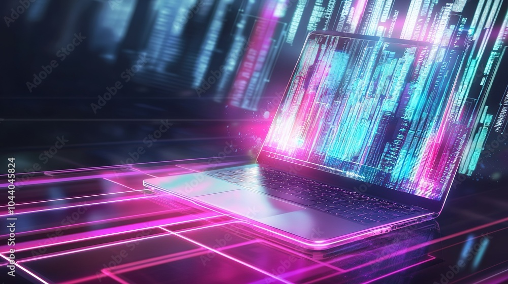 Poster a laptop displaying colorful data streams in a futuristic digital environment at night