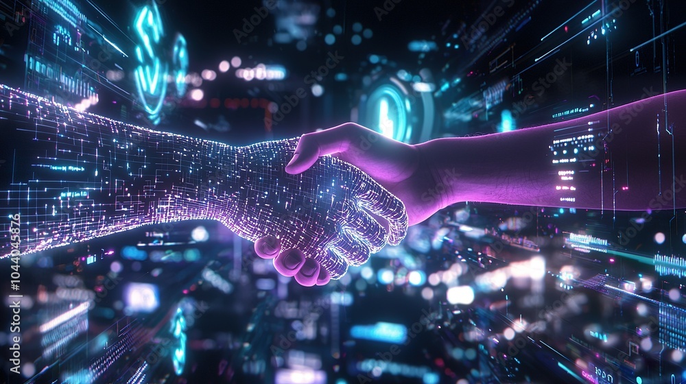 Aufkleber digital handshake between human and robotic arm symbolizes technology and collaboration in a futuris