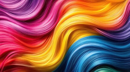 Obraz premium Women's hair close-up. Wavy curls are dyed in bright multicoloured colours and look well-groomed. Hair colouring in modern shades. Hairdressing procedures, extensions. Design for advertising.