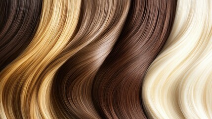 Fototapeta premium A row of long wavy strands of hair in different colours. Concept of variety and individuality in hair colouring. Hairdressing treatments, extensions. Design for cover, advertising or presentation.