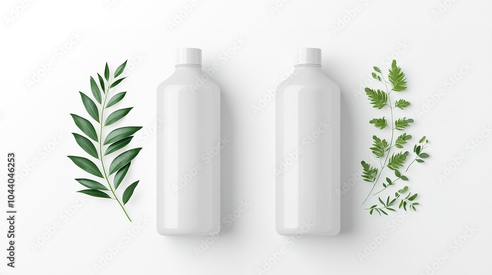 Poster Minimalistic display of two white bottles surrounded by green leaves on a light background